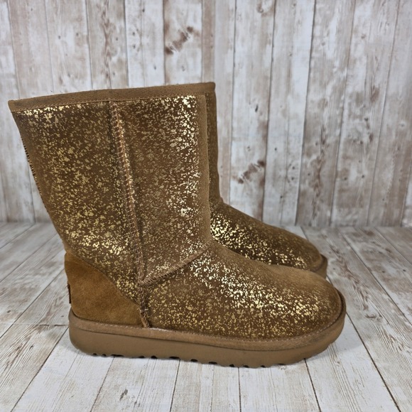 UGG Classic Short Sparkle Gold Tan Brown Suede Sheepskin Winter Boots US 7 - Picture 1 of 8